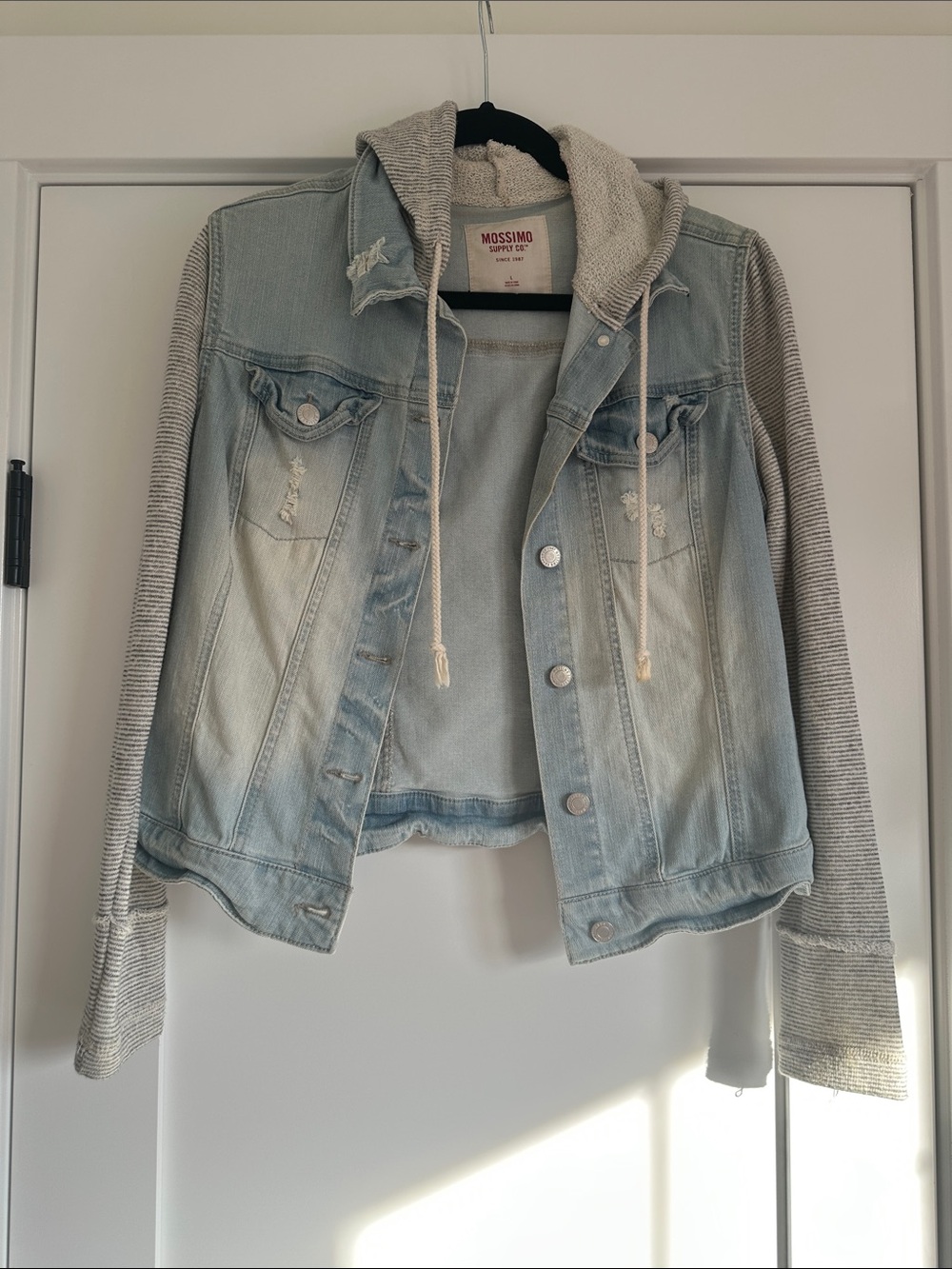 Mossimo Supply Co. Light Blue Denim Jacket with Gray Knit Sleeves and Hood